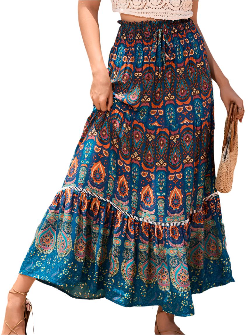 Front view of a blue bohemian printed patchwork maxi skirt with intricate details.
