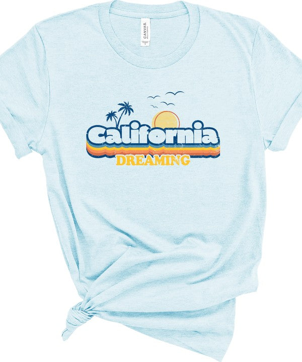 Blue California graphic tee featuring palm trees and sunset