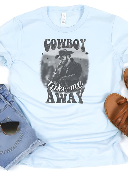 Blue t-shirt with a western-themed 'Cowboy Take Me Away' design