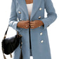 Front view of a blue double-breasted woolen coat with lapel collar.
