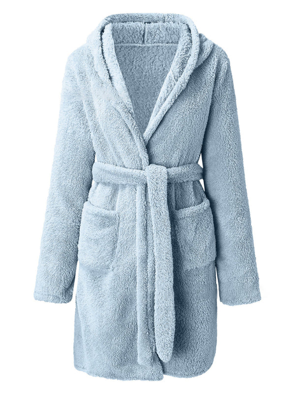 Cozy blue hooded fleece robe made from soft polyester fabric.
