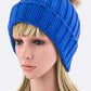 Blue ribbed knit winter hat with a trendy faux fur pom.
