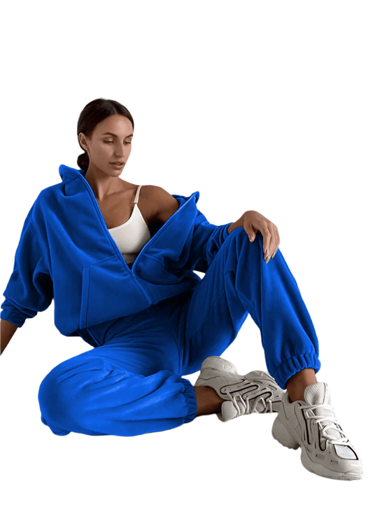 Front view of a blue sports leisure sweater set with hooded design and slant pockets.
