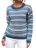 Front view of a cozy blue and white striped round-neck sweater, perfect for casual autumn outfits.

