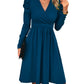 Front view of a blue V-neck long sleeve dress with an A-line silhouette
