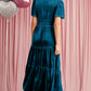 Back view of blue velvet tiered maxi dress with elegant short sleeves
