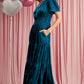 Front view of blue velvet tiered maxi dress featuring shirred waist
