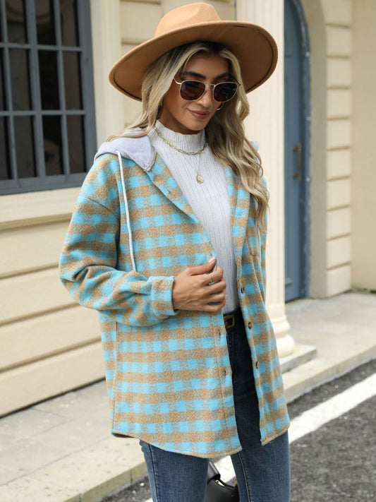 Blue women's plaid jacket with hood, perfect for fall layering
