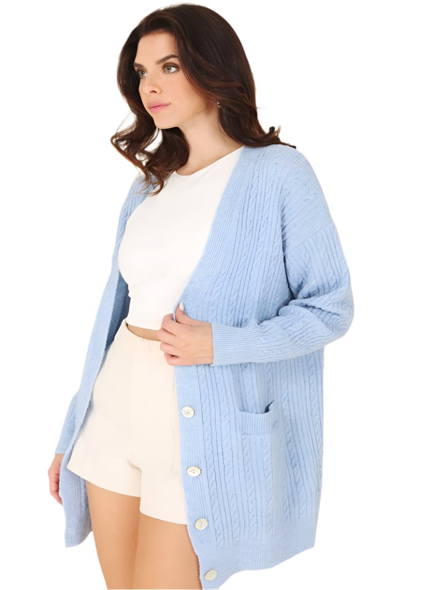 Front view of blue wool-blend cable knitted cardigan with button closure.
