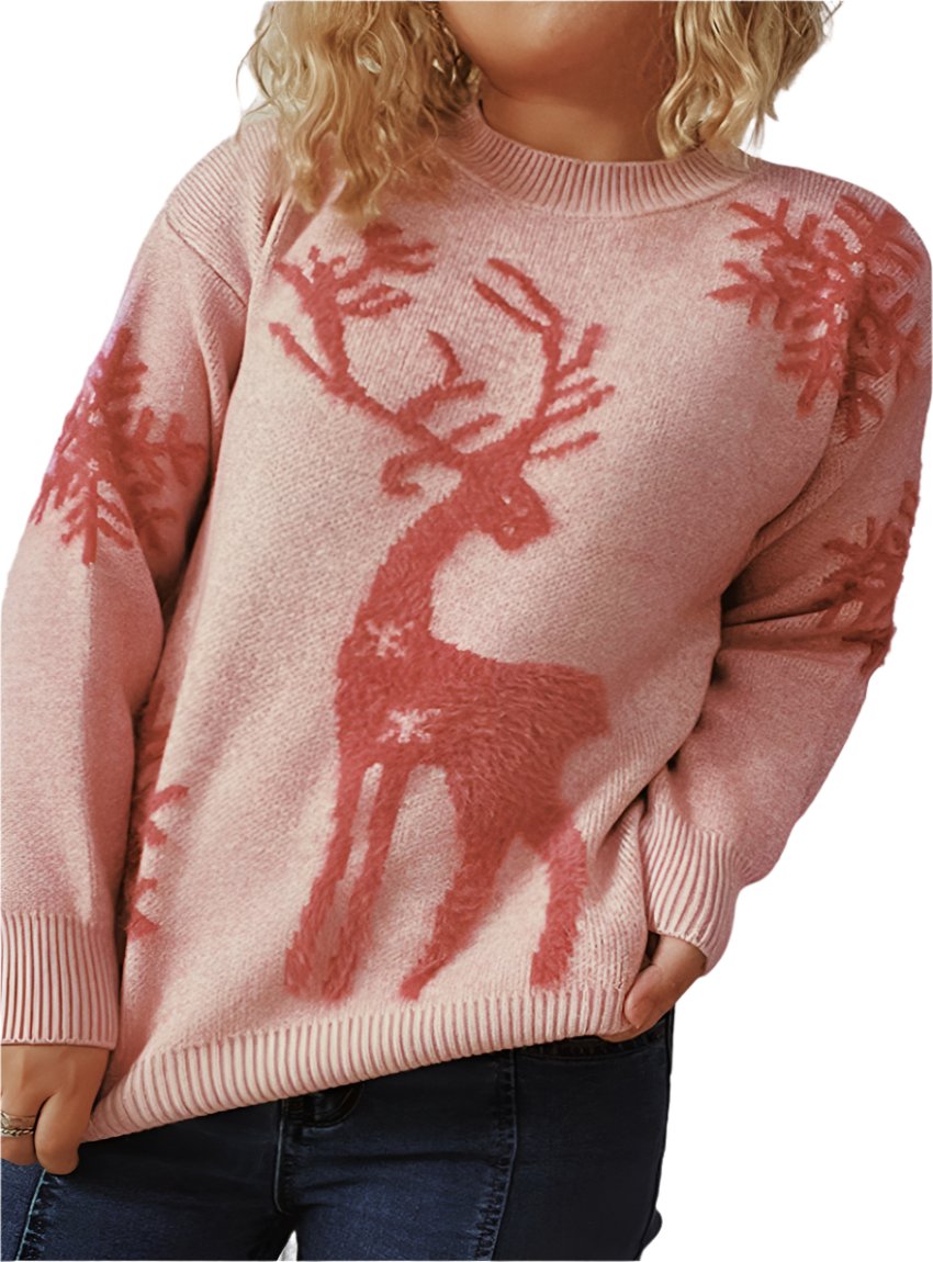 Front view of a soft blush pink sweater featuring a festive reindeer and snowflake design.

