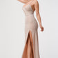 Side view of a blush gown highlighting the slit and body-hugging fit.
