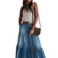 Front view of bohemian A-line layered denim skirt
