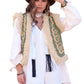 Bohemian faux shearling vest with embroidered details in olive green, front view.
