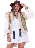 Bohemian faux shearling vest with embroidered details in olive green, front view.
