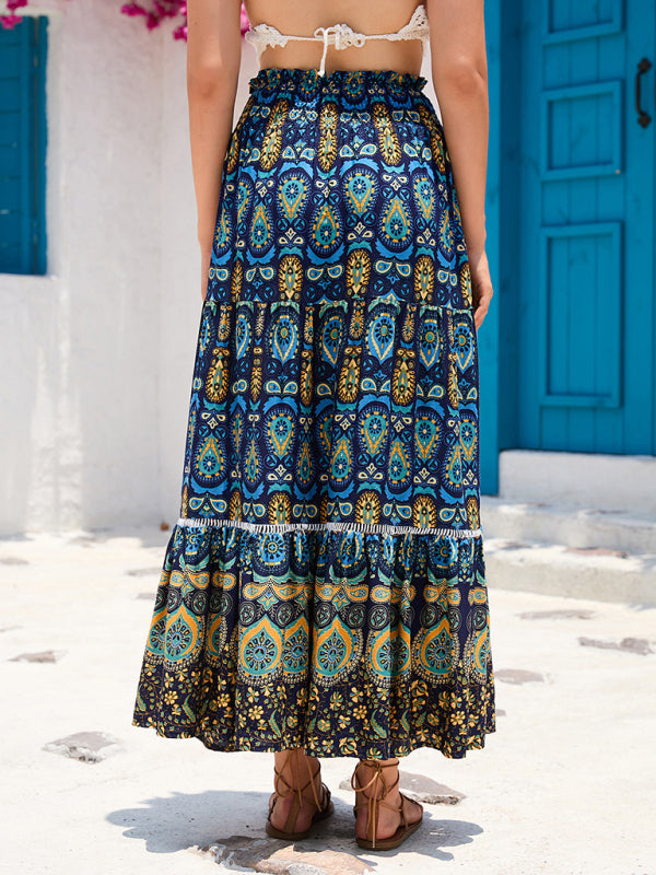 Navy boho maxi skirt styled for a spring or summer casual outfit.
