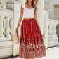 Bohemian red maxi skirt with elegant details and vibrant design.