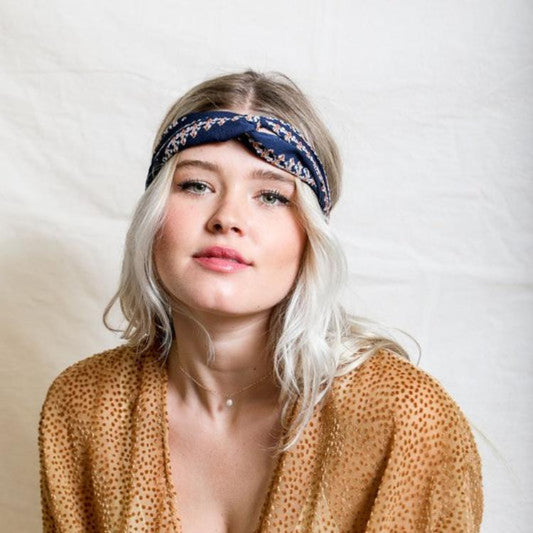 Bohemian style twisted headwrap available in white and navy