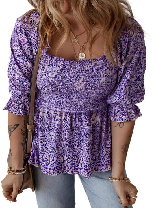 Boho Paisley Shirred Half Sleeve Peplum Blouse - Whimsical Clothing