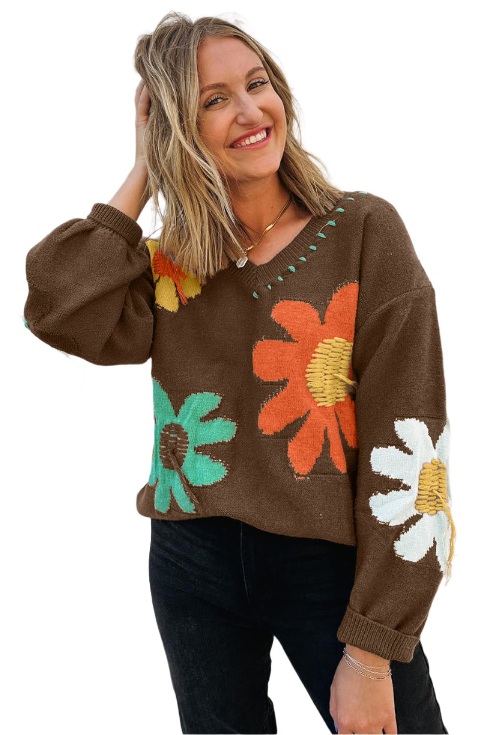 Soft knit sweater in brown with retro flower pattern, ideal for fall | boho aesthetic
