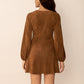 Boho-inspired suede mini dress in caramel with button details
