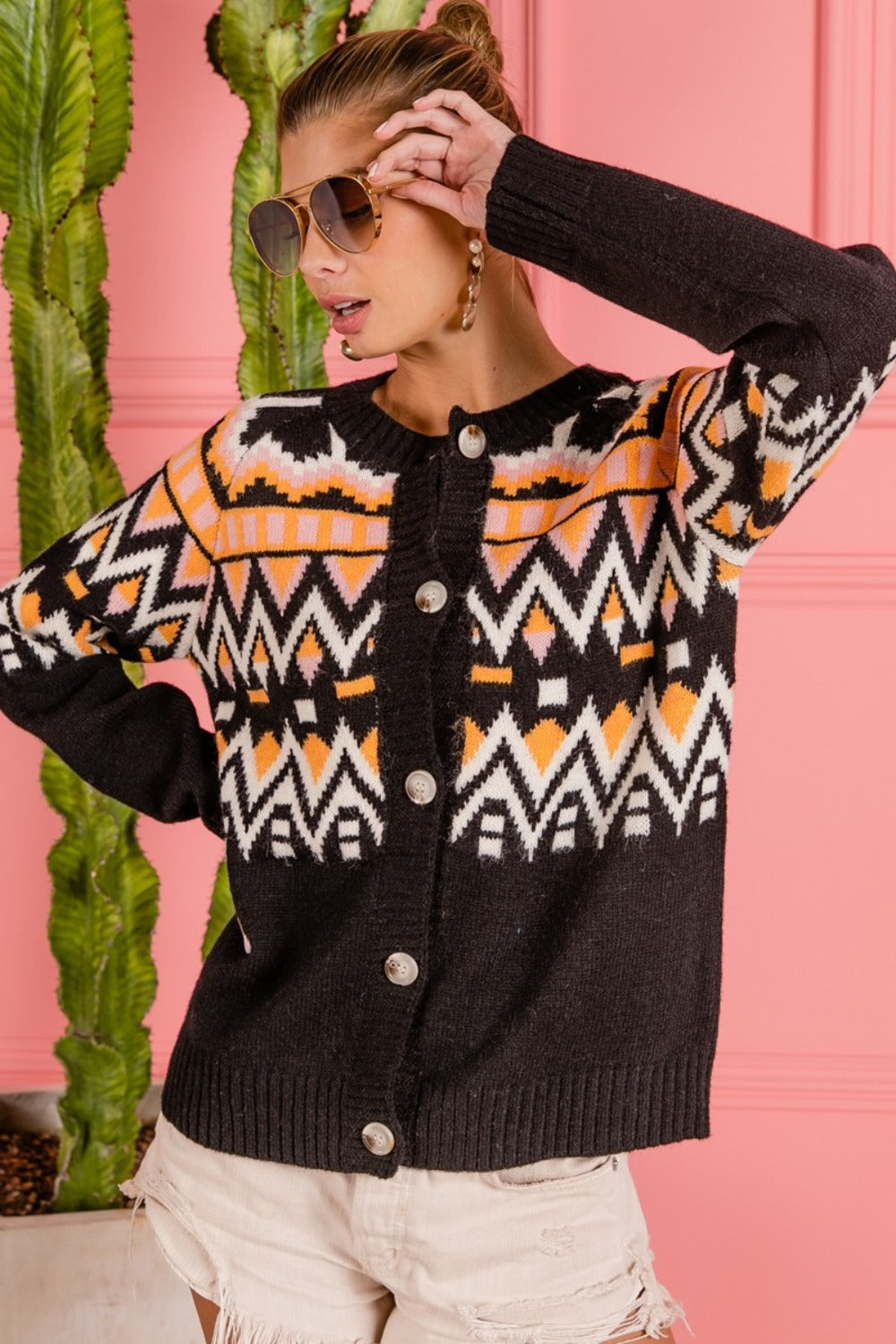 boho style women’s cardigan with vibrant ethnic pattern
