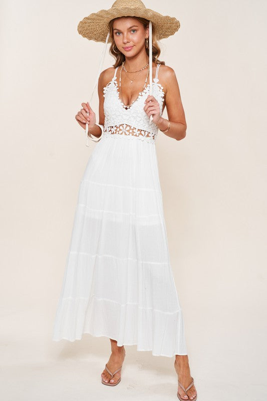 Boho Chic Flowy Whimsical White Maxi Dress w/ Lace Detailing