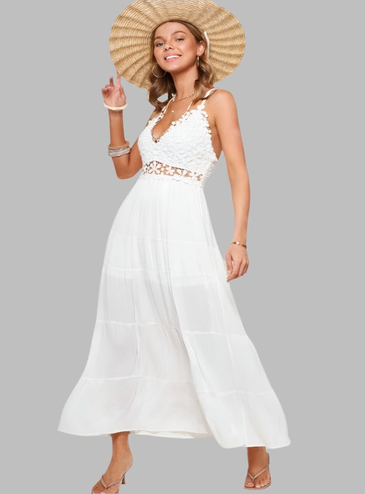 Boho Chic Flowy Whimsical White Maxi Dress w/ Lace Detailing