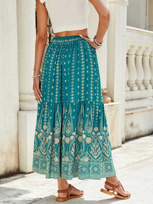 Green boho maxi skirt with an elegant and versatile design.