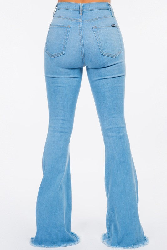 High-rise flare leg jeans in light-wash denim for a trendy retro look
