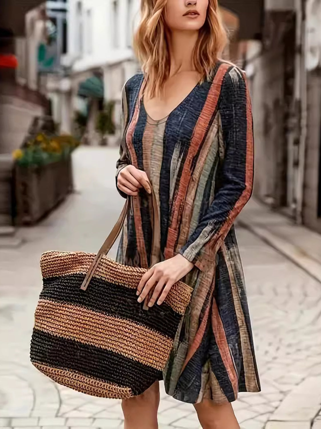 Textured long sleeve boho dress featuring vertical stripes in earthy tones.
