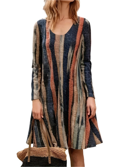 Boho striped long sleeve swing dress with a flowy A-line silhouette.
