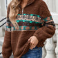 Warm brown sweatshirt with half-zip and Aztec print, great for layering.
