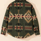 Bold olive jacket with bohemian-inspired geometric pattern for women
