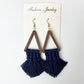 Boho chic earrings with tassel accents in dark blue
