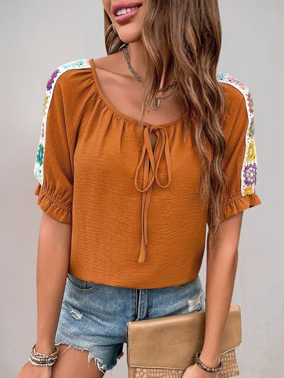 Boho Tie-Front Embroidered Sleeve Peasant Top - Appalachian Fashion - Bohemian Aesthetic