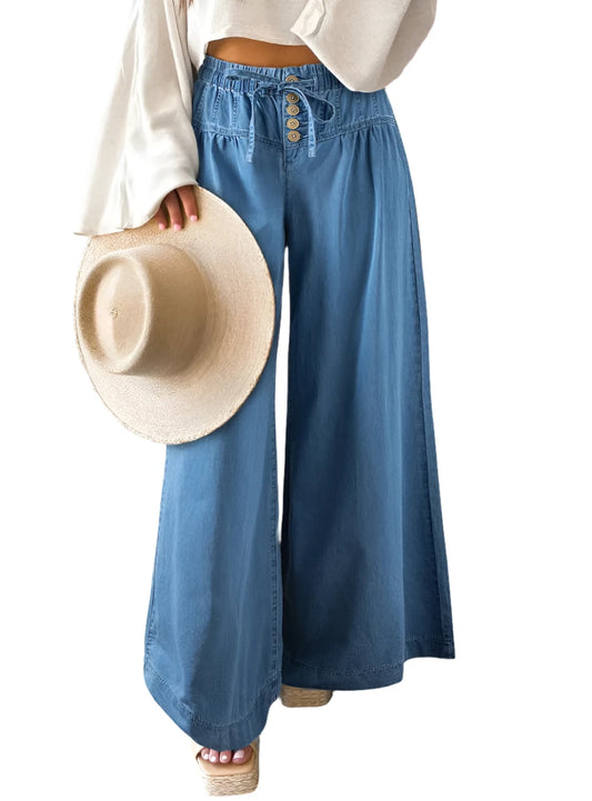 Front view of drawstring elastic waist wide-leg jeans in blue denim.