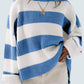 Soft blue sweater with ribbed texture and bold white stripes.
