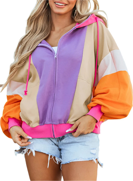 Women's bold color-block hoodie in purple, pink, and orange with a full zipper.
