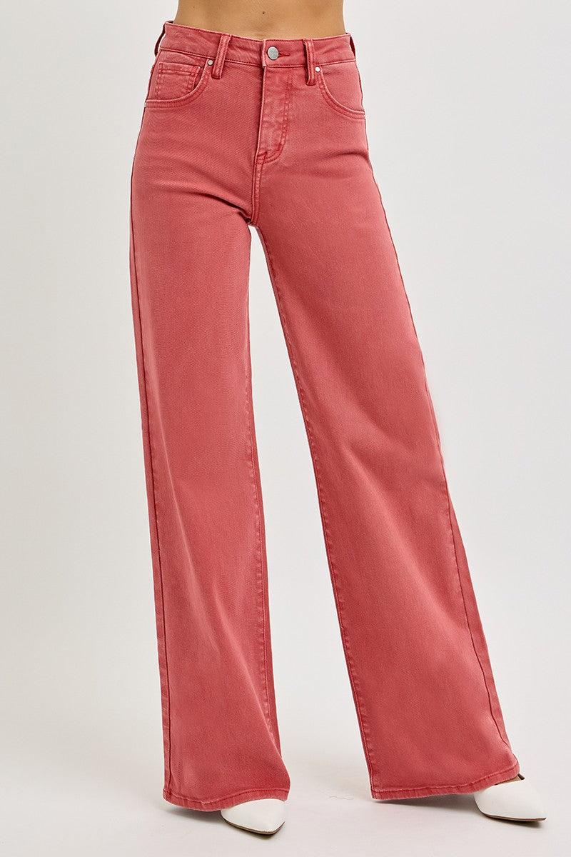 Brick-colored wide-leg jeans 
