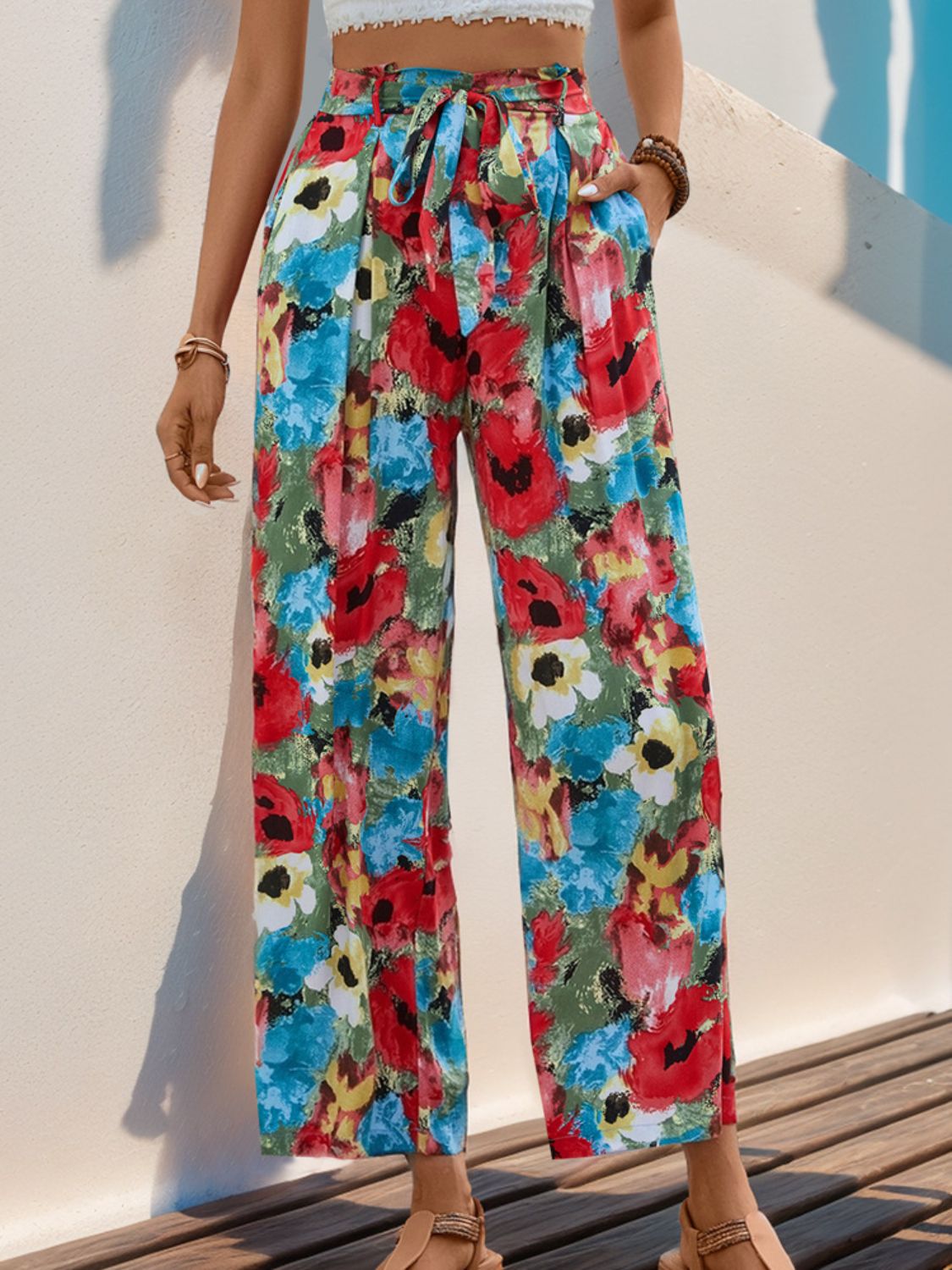 Bold floral print wide-leg pants for casual outings and vacations
