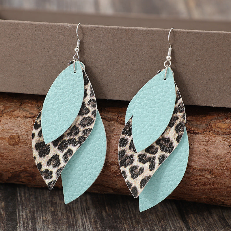 Bold leopard print leaf earrings with tiffany blue accent
