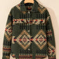 Cozy fall-winter olive jacket with geometric print, ideal for casual wear
