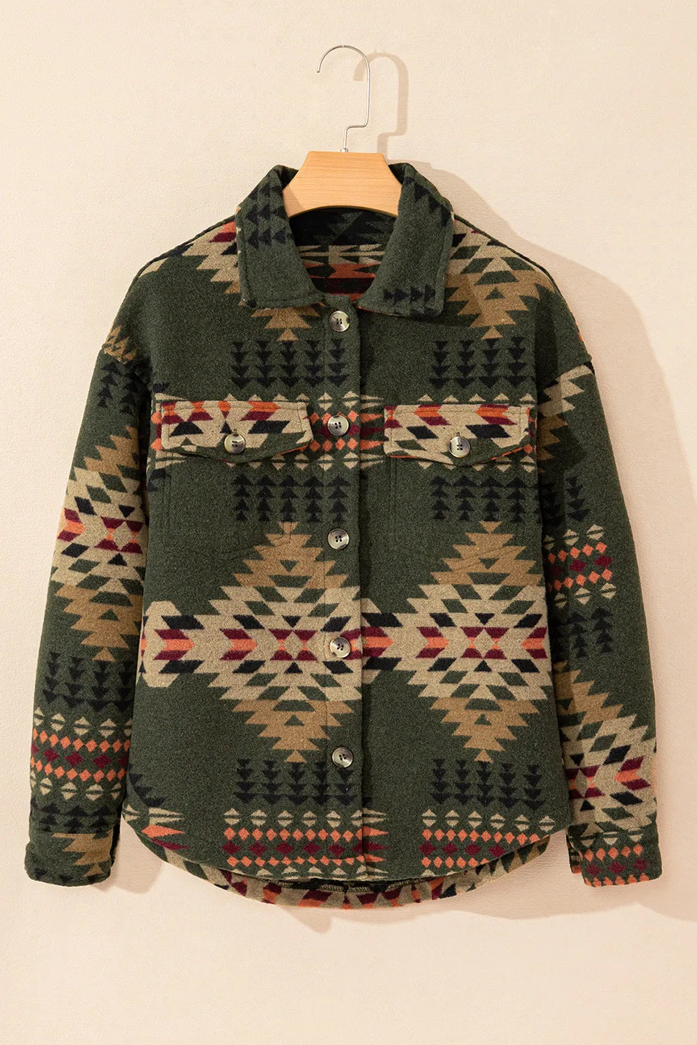 Cozy fall-winter olive jacket with geometric print, ideal for casual wear
