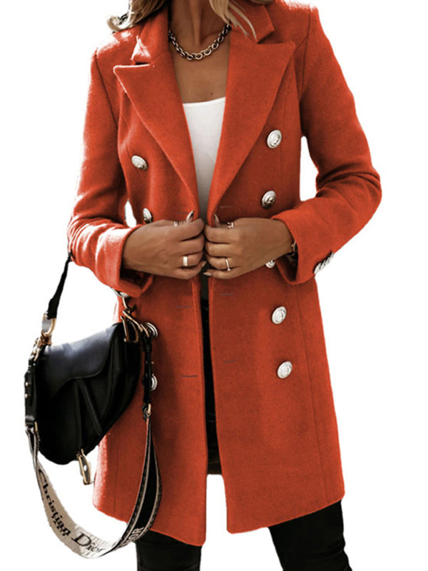 Bright orange woolen coat with classic double-breasted buttons and modern style.
