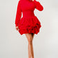 Bold red dress featuring ruffles and a mock neck, ideal for day or night events.
