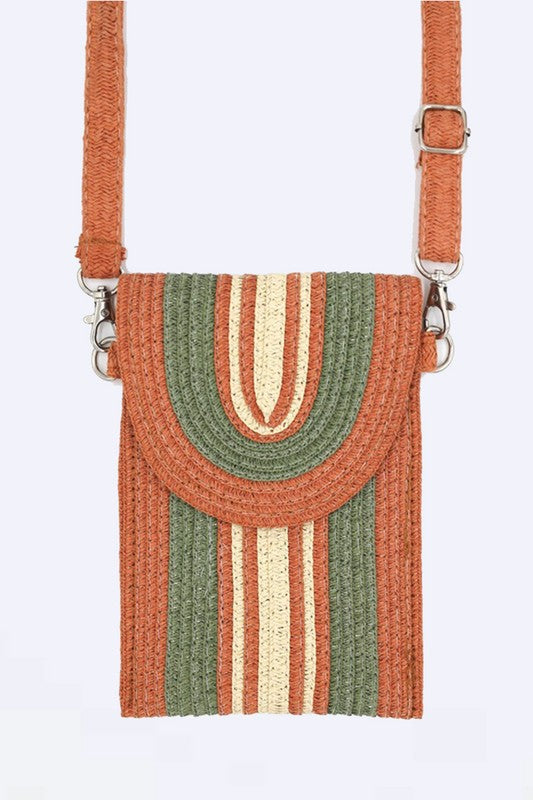 Bold striped phone bag in earthy tones with a crossbody design.
