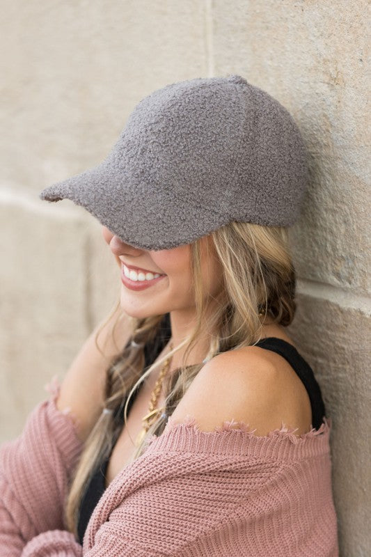 Gray boucle sherpa knit ball cap with structured brim
