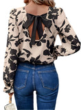 Bow back printed round neck flounce sleeve blouse
