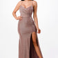 Front view of a bronze mermaid gown with a side slit and spaghetti straps.
