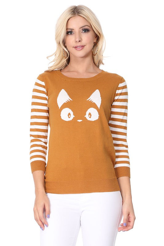 Bronze kitty sweater in soft cotton with an adorable kitty graphic on the front.
